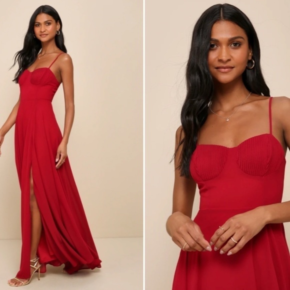 LULU's Prom Wedding Bridesmaid Sexy Pleated Bustier Romantic Flowy Maxi Dress - Picture 4 of 5